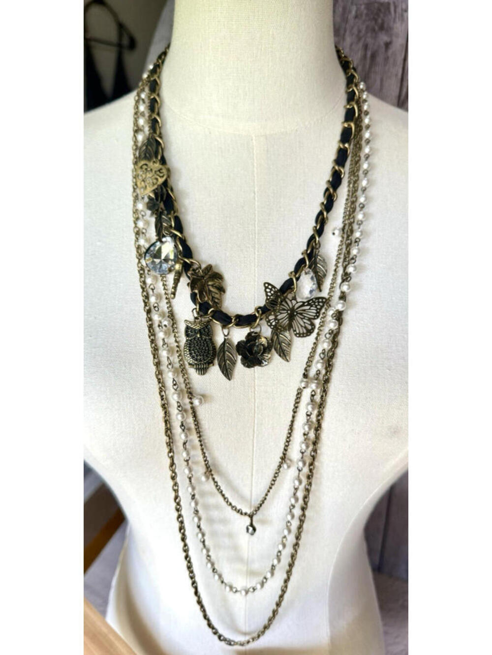 Betsey Johnson 40" Layered Statement Necklace – Owl, Butterfly, Leaves, Pearls –